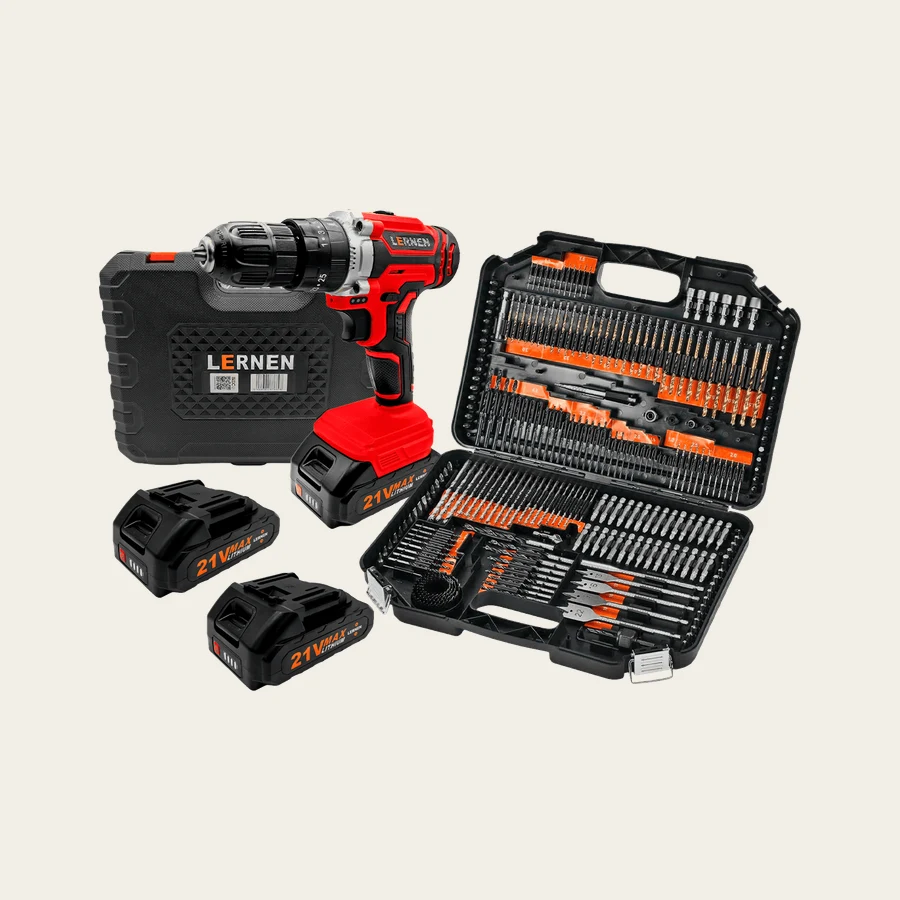 KIT Taladro Percutor Desatornillador ROJO Inalámbrico 21v LERNEN + 2 baterías + Accesorios + Maleta